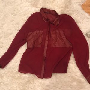 Collared sheer and leather detailed red shirt